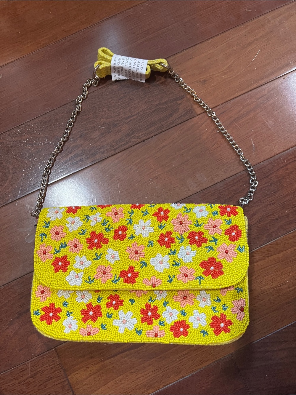 America & Beyond Yellow Floral Beaded Crossbody Bag with Chain Strap
